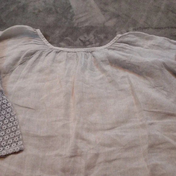Soft Surroundings 100% Linen Top Blouse Shirt Womens Size XL Ivory Eyelet Sleeve - Picture 13 of 14